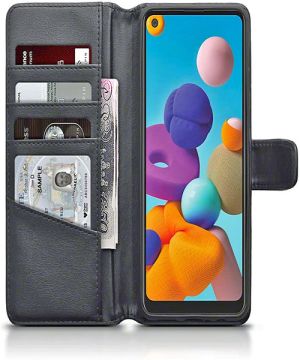 Genuine Leather Wallet Case for Samsung Galaxy A21 Black